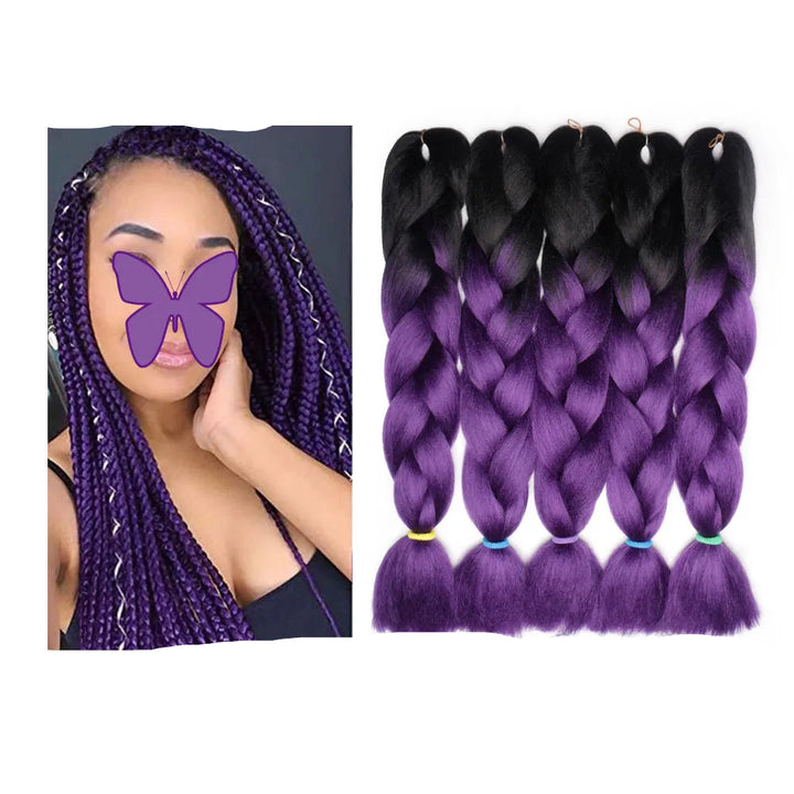 Purple and black ombre braided hair extensions with a woman wearing purple hair extensions.