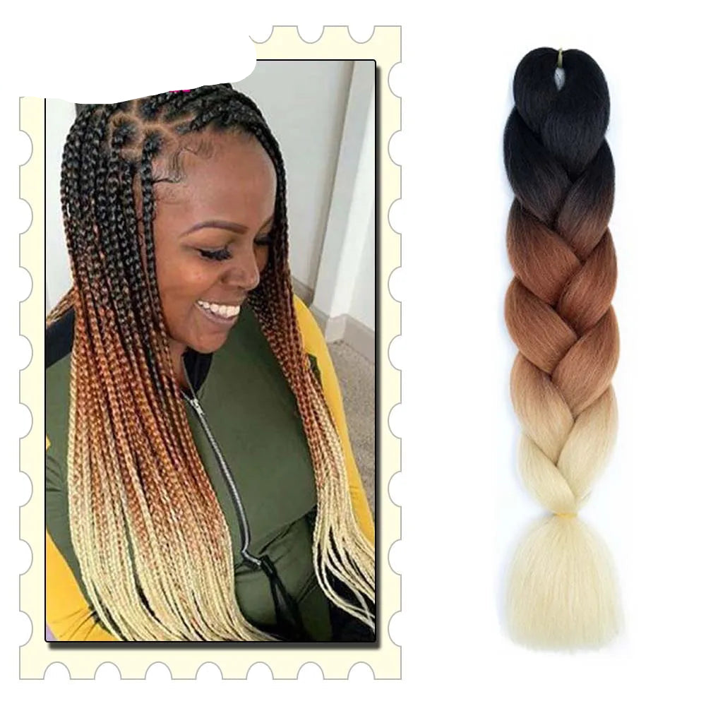 Hair extension with ombre color gradient next to a photo of a woman with braided hair.