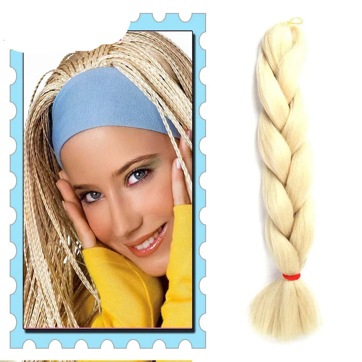 Blonde braided hair extension with a woman wearing a blue headband and yellow top