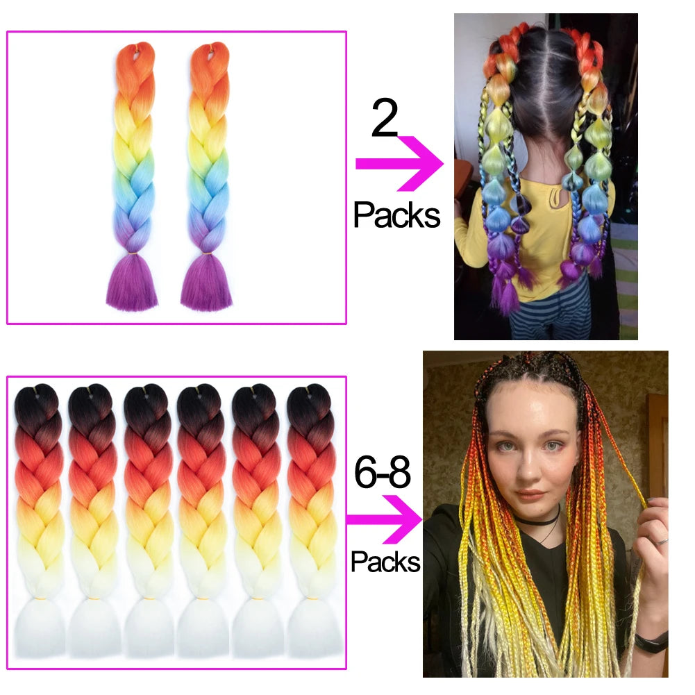 Colorful braided hair extensions with packaging and usage examples.