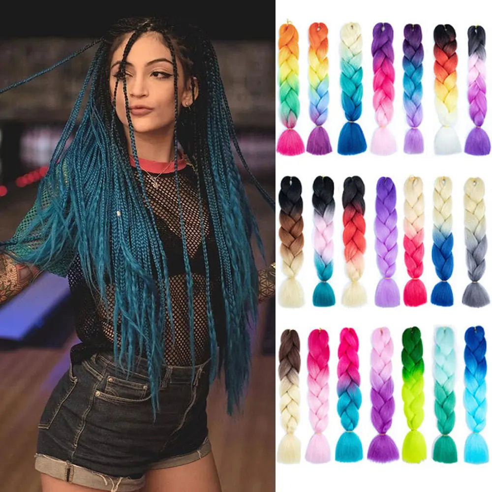 Woman with blue braided hair next to a color chart of braided hair extensions.