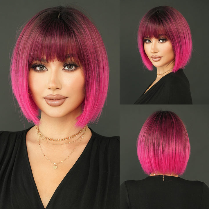 12-inch Short Bob Straight Wig with Bangs - Natural Red Yaki Synthetic Heat Resistant Burgundy Red Hair for Party Cosplay.
