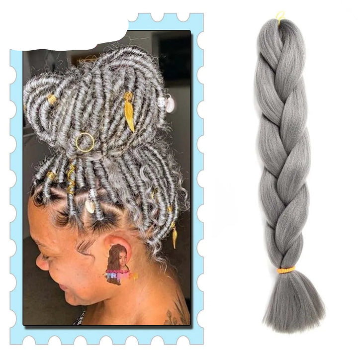 Gray braided hair extensions with decorative elements on a white background