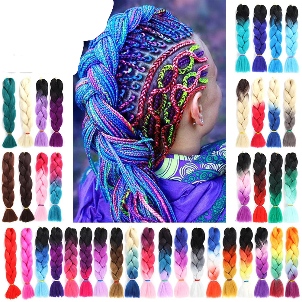 Colorful braided hair extensions with a person wearing them, surrounded by various color options.
