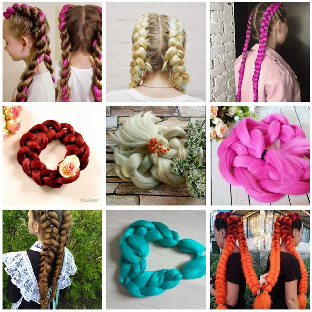 Collage of braided hair extensions in various colors with people wearing them.