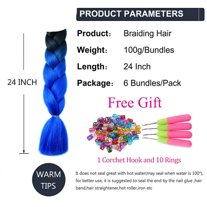 Product details of braiding hair with a blue braid, weight, length, and packaging information.