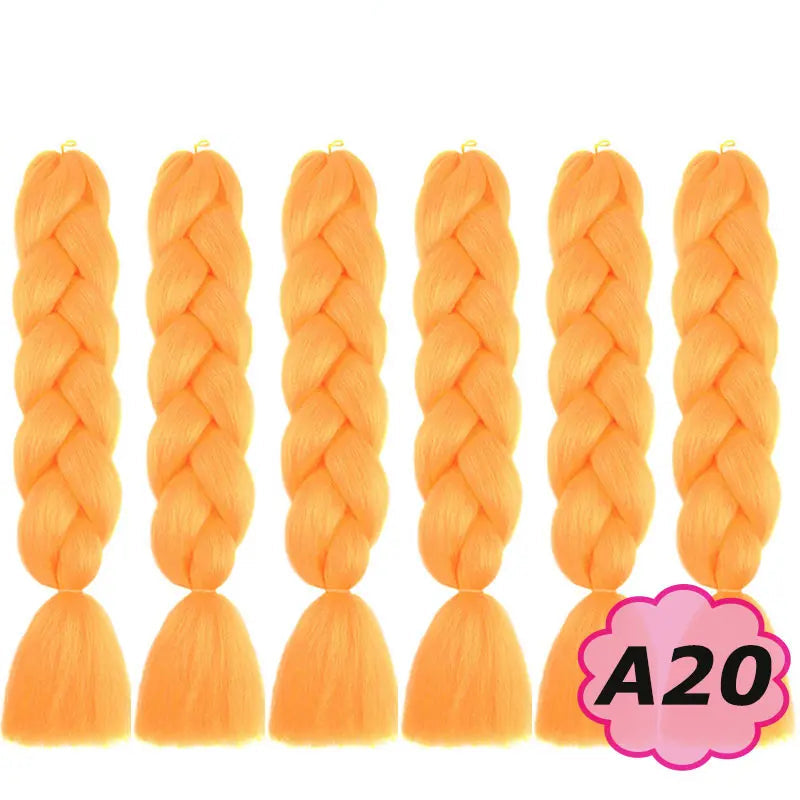Orange braided hair extensions with  on a white background.