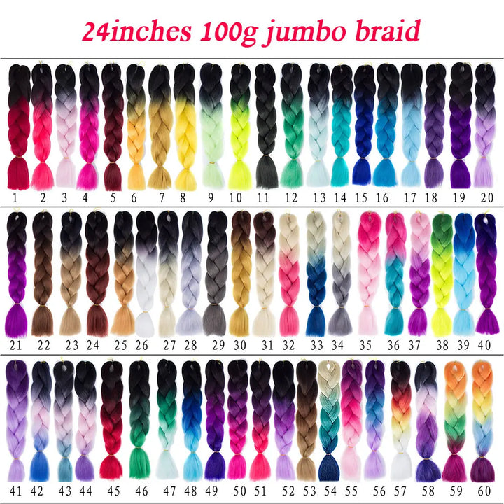 Colorful jumbo braids in various shades arranged in a grid.