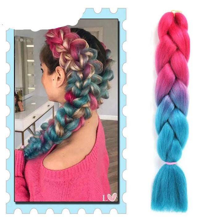 Colorful braided hair extensions with a person wearing them and 'Mirra's Mirror' branding.