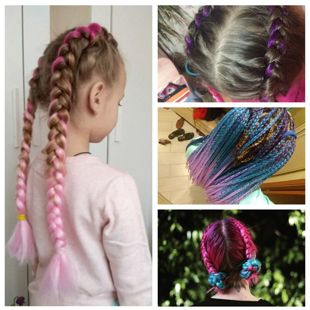 Collage of children with colorful braided hairstyles.