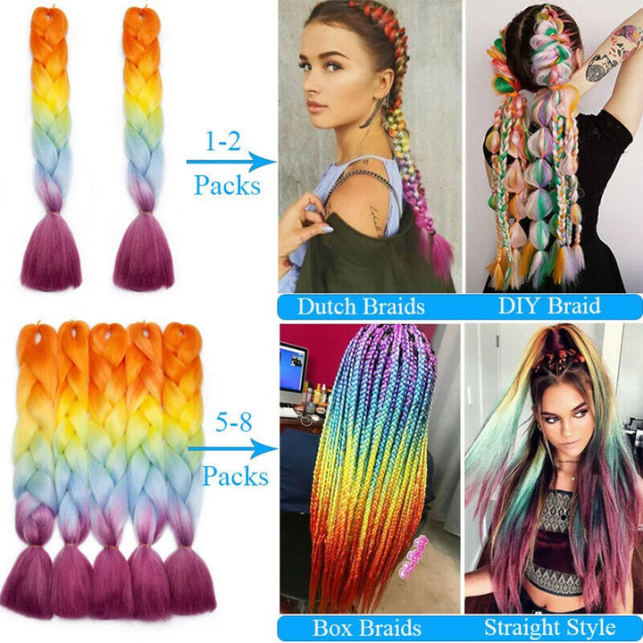 Collage of colorful braided hair extensions with text indicating different styles and quantity options.
