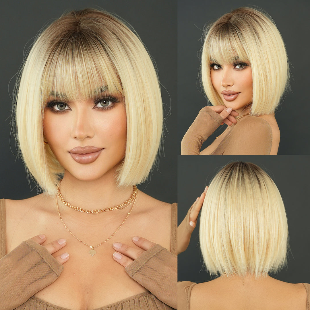 12-inch Short Bob Straight Wig with Bangs - Natural Red Yaki Synthetic Heat Resistant Burgundy Red Hair for Party Cosplay.