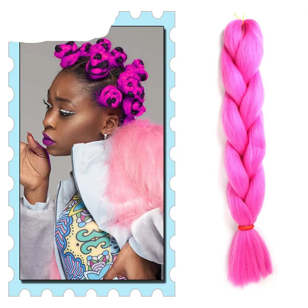 Pink braided hair extension with a child wearing colorful hair extensions on a white background.