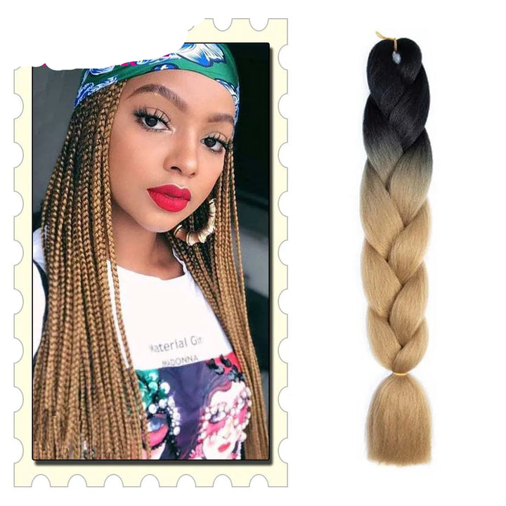 Woman with styled hair and a braid extension with ombre color on a  background.