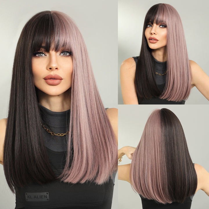Ombre Gray Wigs Long Straight Perruques with Bangs Platinum Blonde Synthetic Wig for Women. Perfect for Anime Cosplay and Lolita style.