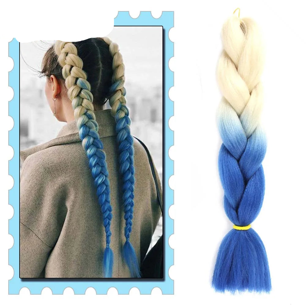 Blue and beige braided hair extensions with a person wearing them.