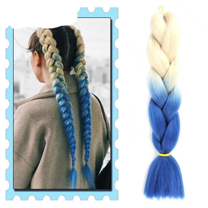 Blue and beige braided hair extensions with a person wearing them.