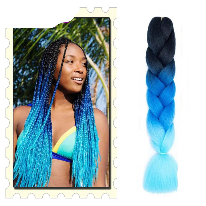 Blue ombre braided hair extension with a woman in a bikini and palm trees in the background