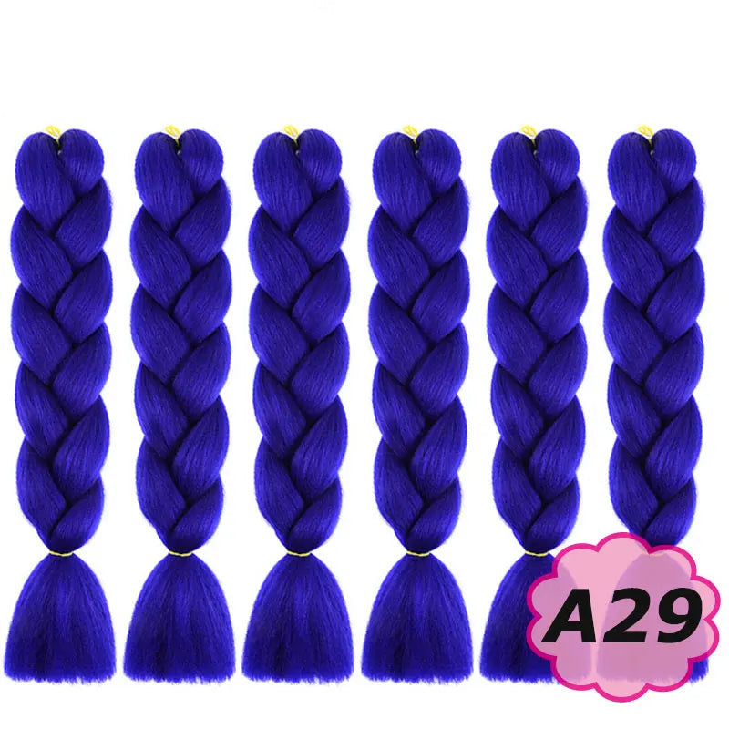 Purple braided hair extensions with  on a white background.