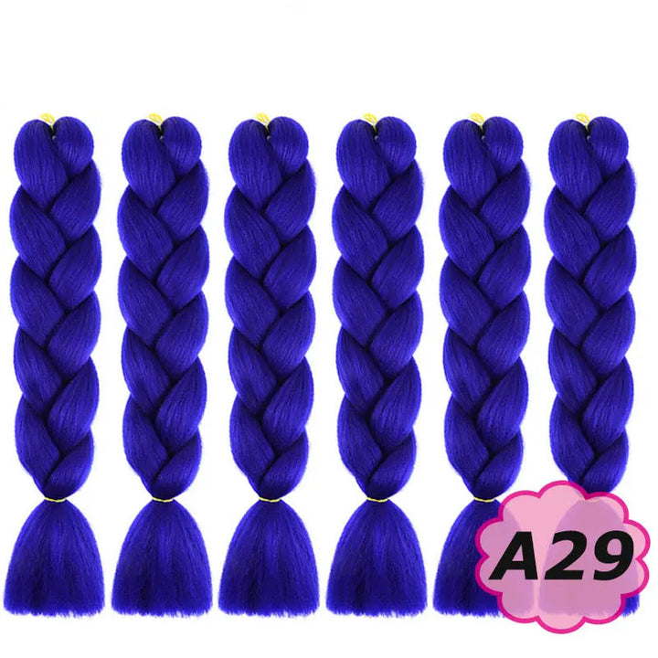 Purple braided hair extensions with  on a white background.