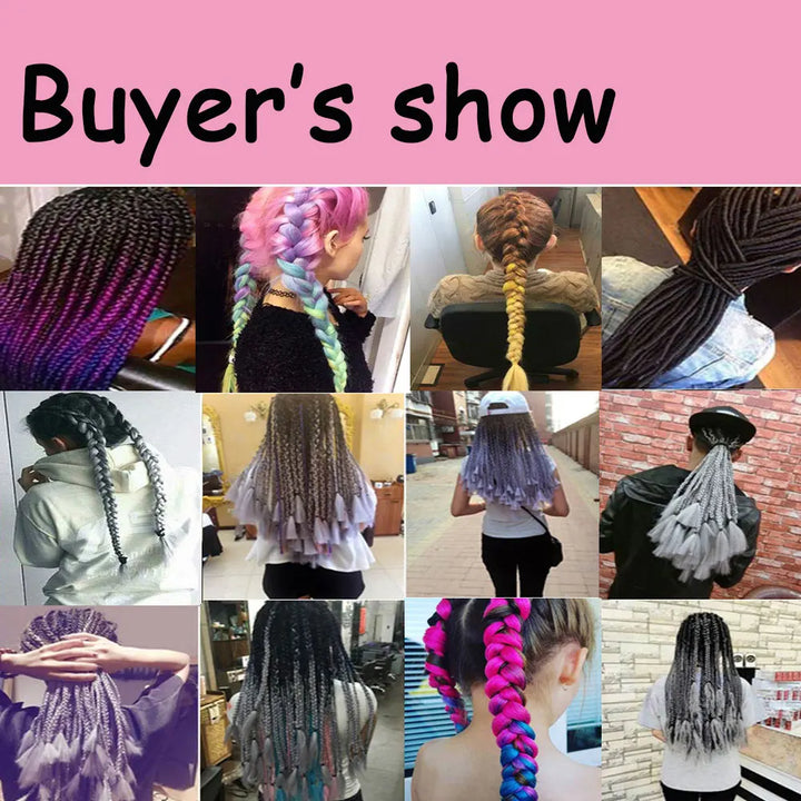 Collage of various braided hairstyles with a pink background and text 'Buyer's show'.