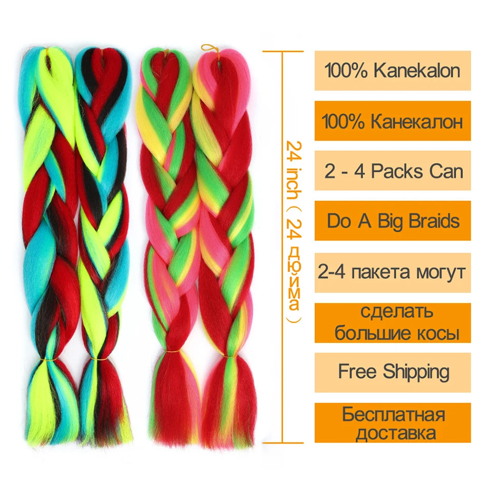 Colorful braided hair extensions with product details on a white background