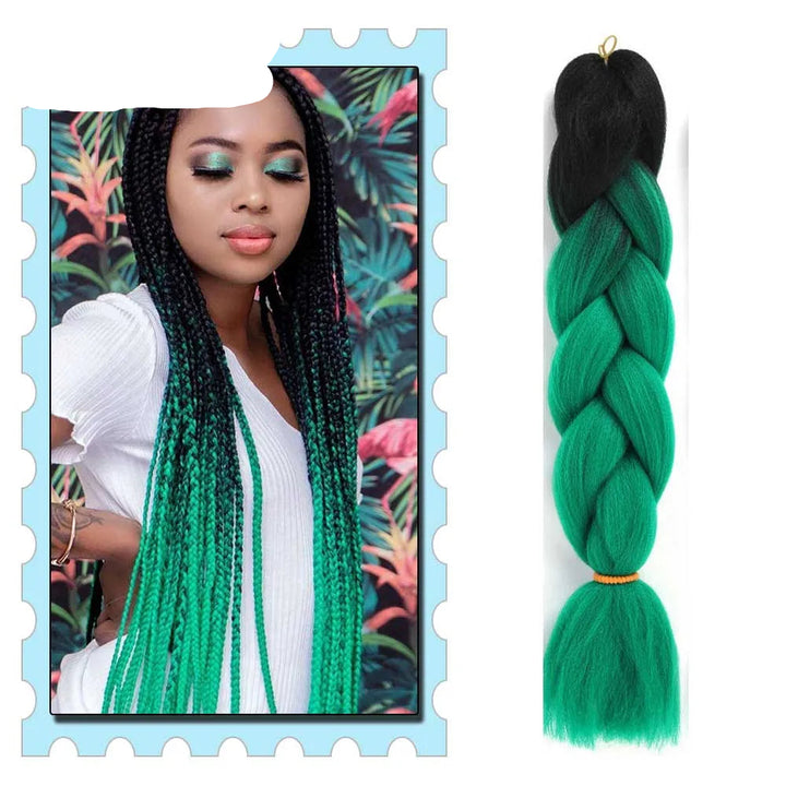 Green braided hair extensions with a model and tropical background