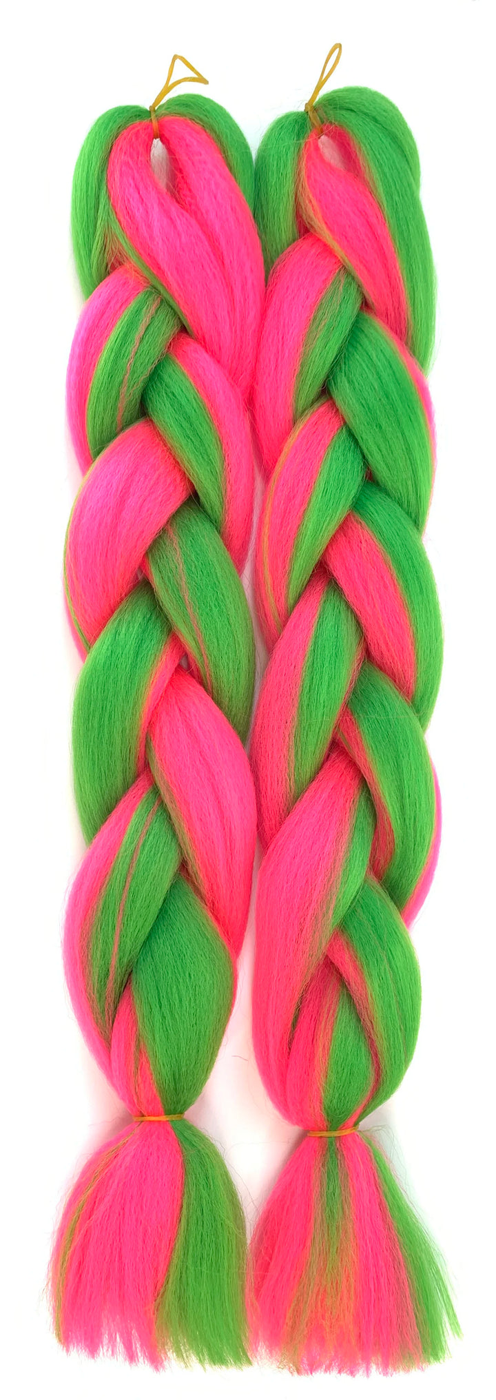 Two braided hair extensions, one pink and one green, on a white background.