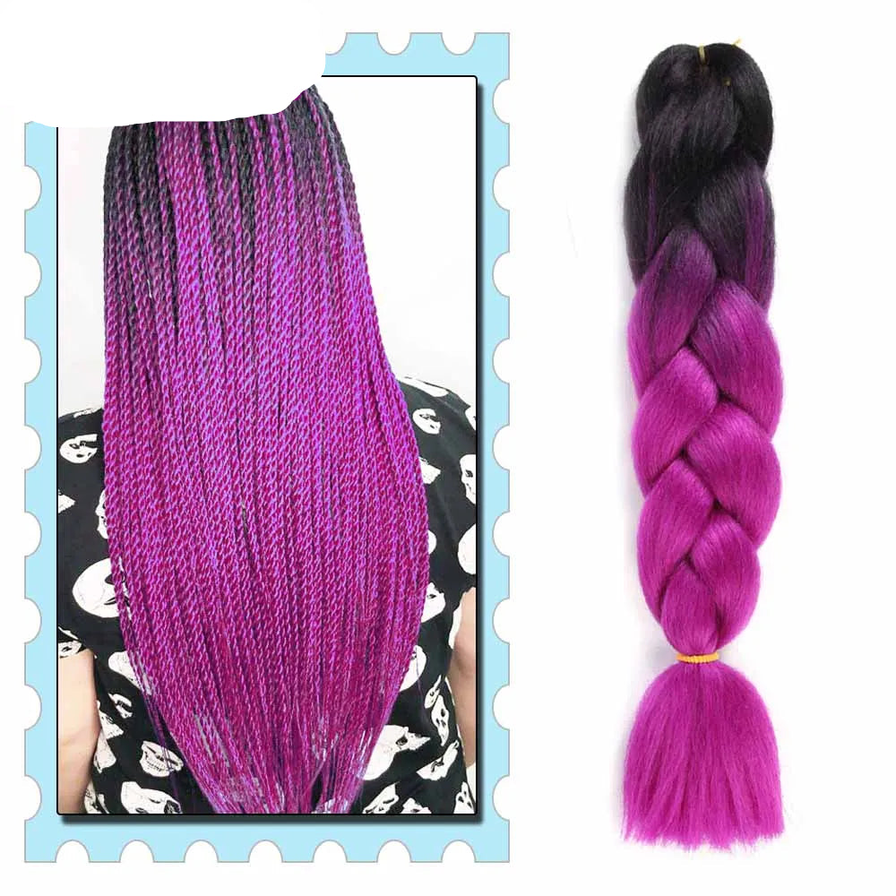 Purple braided hair extension with black roots on a white background, 