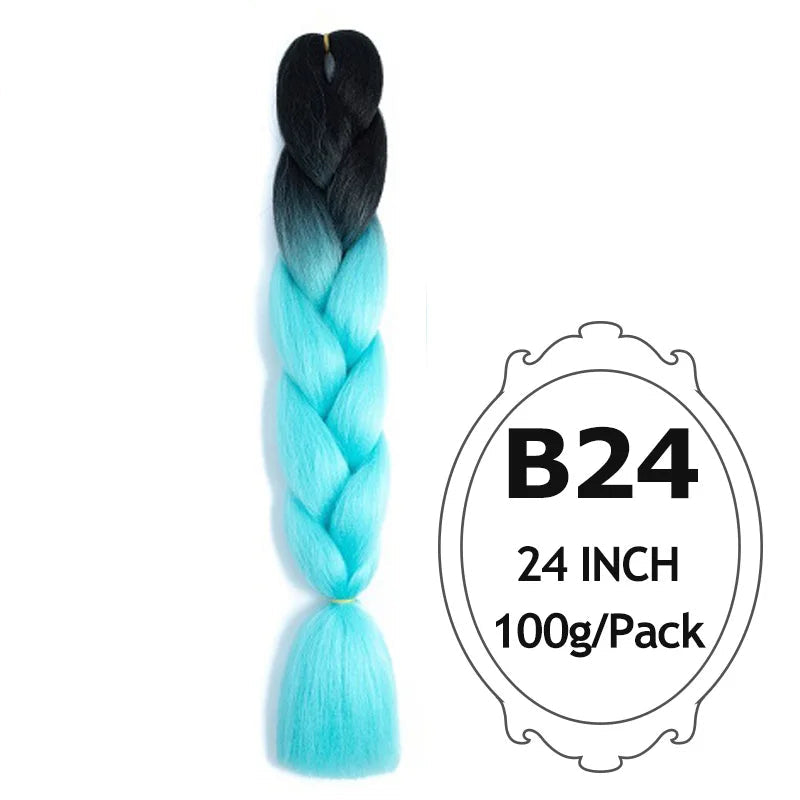 Braided hair extension with black to blue gradien on a white background.