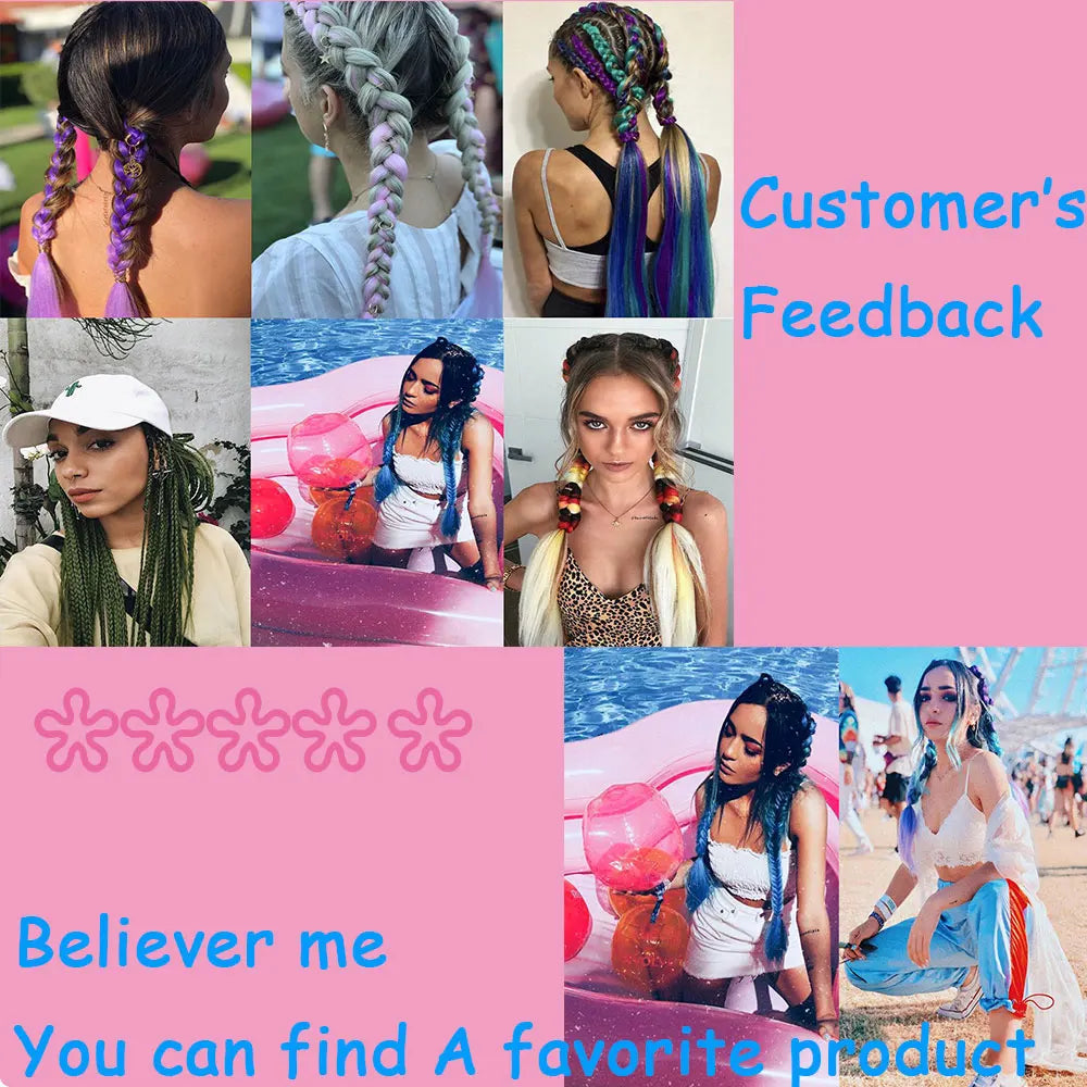 Collage of people with colorful braided hairstyles on a pink background with text.