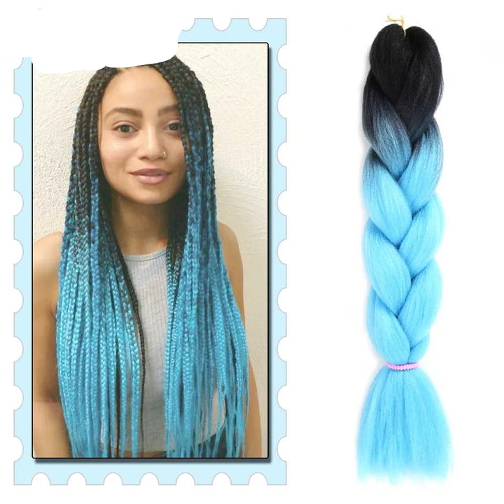 Blue and black braided hair extensions with a model wearing them