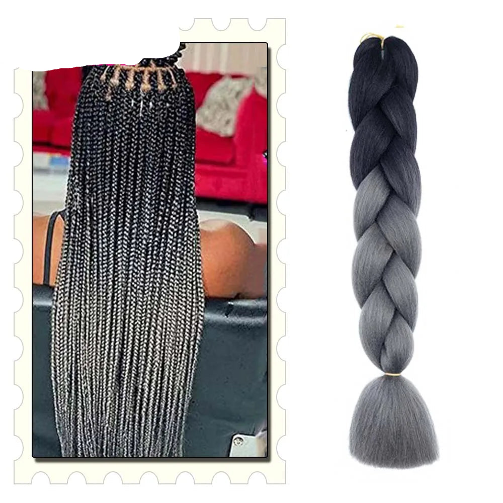 Gray braided hair extensions with a logo on a white background.