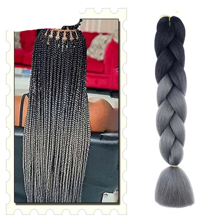 Gray braided hair extensions with a logo on a white background.