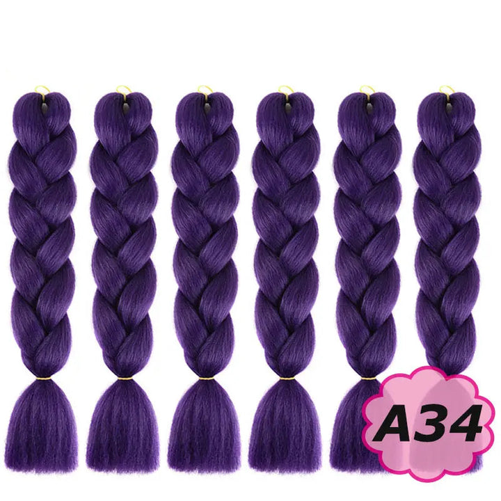 Purple braided hair extensions with  on a white background.