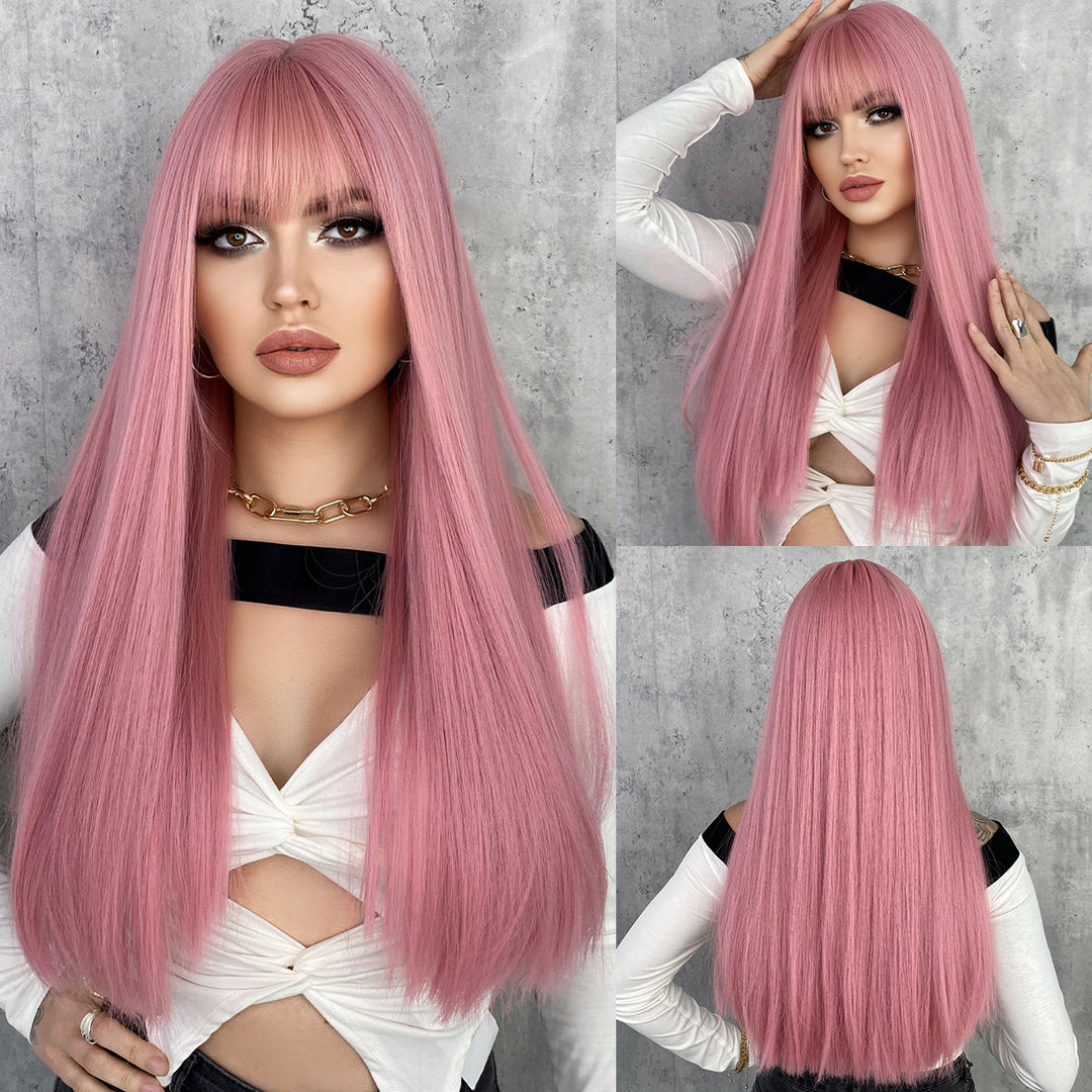 Ombre Gray Wigs Long Straight Perruques with Bangs Platinum Blonde Synthetic Wig for Women. Perfect for Anime Cosplay and Lolita style.