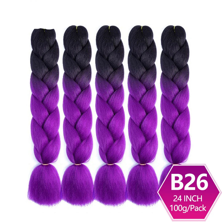 Purple and black ombre braided hair extensions with on a white background.