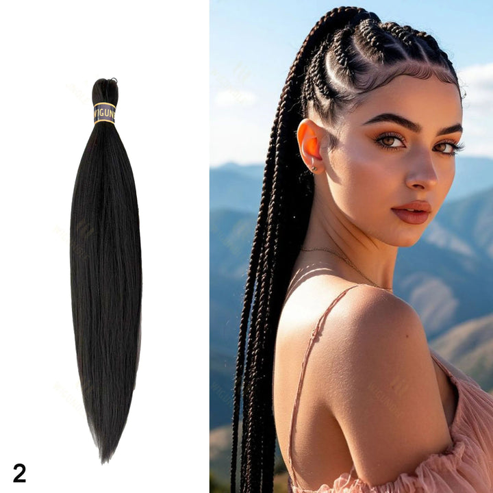 Hair extension with on a white background, next to a woman with styled hair outdoors.