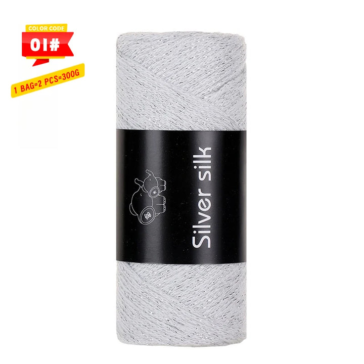 300g Shiny Silver Silk Hollow Yarn – Polyester Crochet Yarn for Bags, Hats, Shoes & DIY Crafts