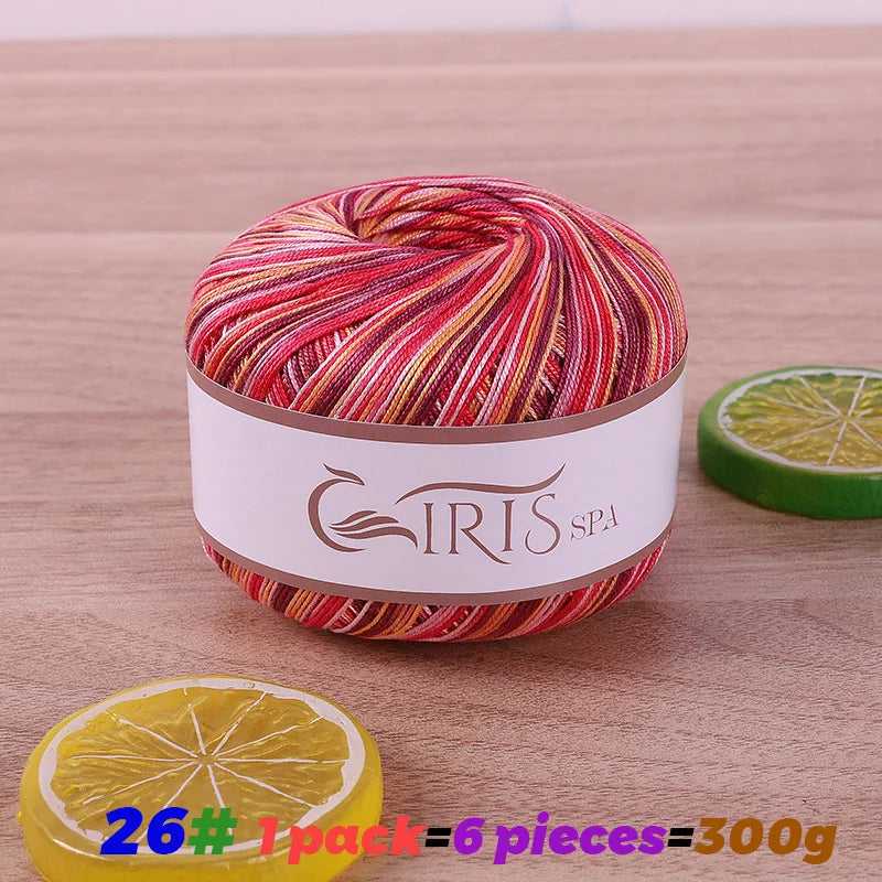 300g No.6 Mercerized Cotton Lace Yarn (6 Pieces) – Gradient Dyed Crochet Yarn for Shawls, Summer Sweaters & Knitwear