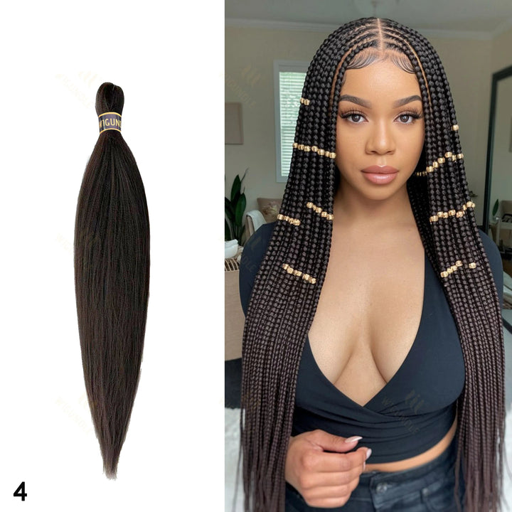 Wig with braided hair on the left and a woman wearing it on the right.