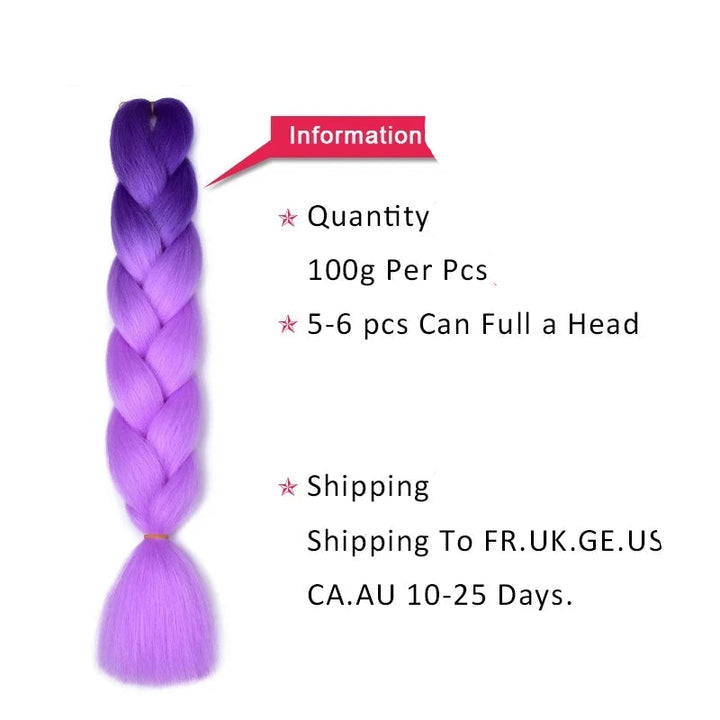 Purple braided hair extension with  and product information on a white background.
