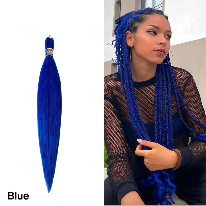 Woman with blue braided hair next to a blue hair extension 