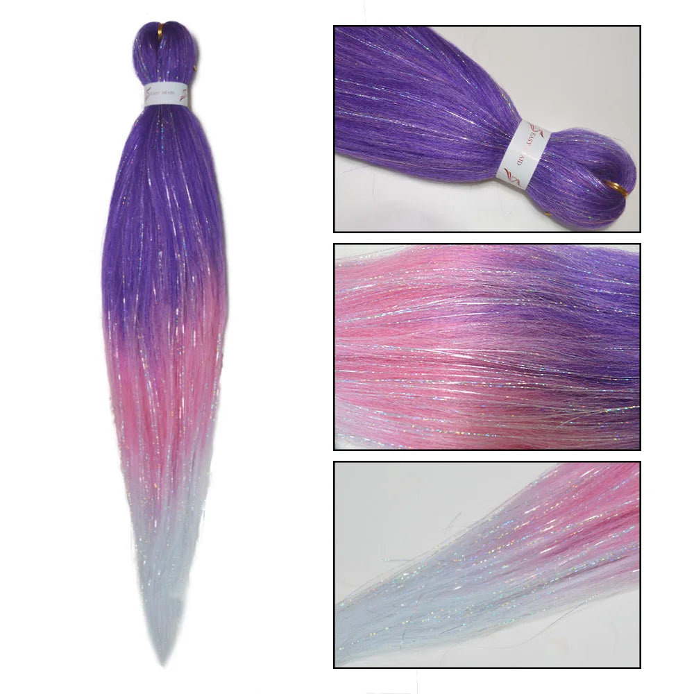 Purple, Pink & White 3-Tone Ombre Braiding Hair – Straight Jumbo Braids with Tinsel, Festival & Rave Hair Extensions for Girls (Crazy Hair Day)
