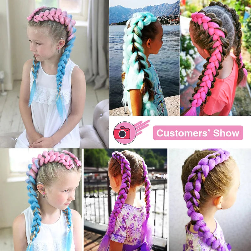 Collage of children with colorful braided hairstyles in various settings.