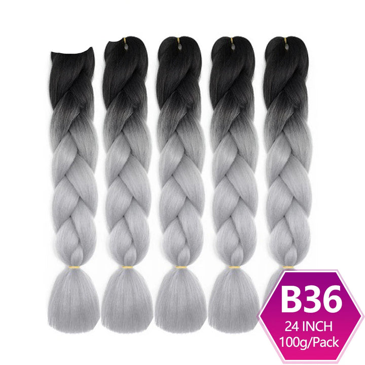 Five braided hair extensions with gradient color from black to gray.