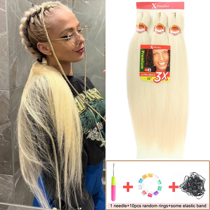 Woman with blonde hair extensions next to X-Tensa hair product packaging and accessories.