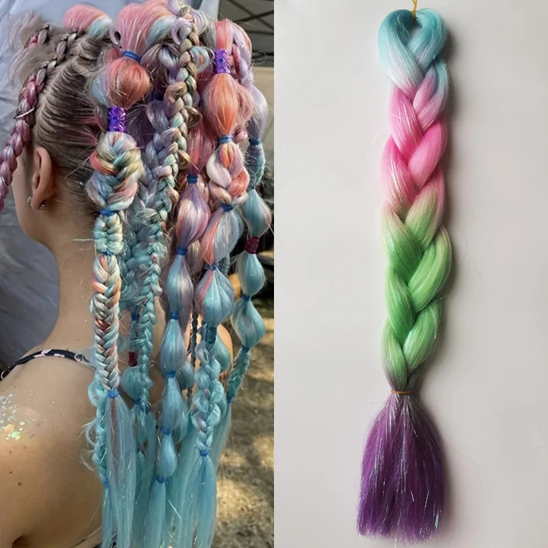 1pc Tinsel EZ Braids – Ombre Straight Braiding Hair Extension, Festival & Rave Hair for Girls (Crazy Hair Day)