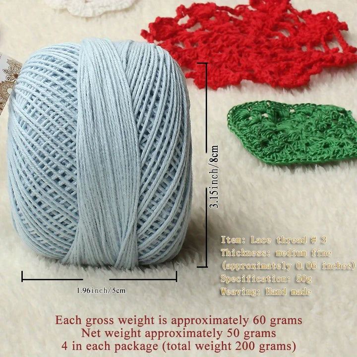 No. 3 Pearl Lace Cotton Thread (4 Pack / 200g) – Fine Hand-Knitting & Crochet Yarn for Shawls, Hats & Summer Outwear