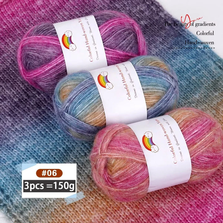 150g Mohair Gradient Spray Yarn (3 Skeins) – Lightweight Rainbow Knitting Yarn for Sweaters, Hats, Scarves & Shawls